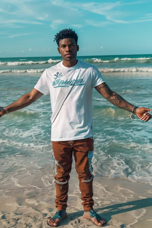 Young African man, short curly hair, Empty body, wearing jeans shorts. Tattoo Writing,Rumbewas on his chest. Standing on the edge of the beach 