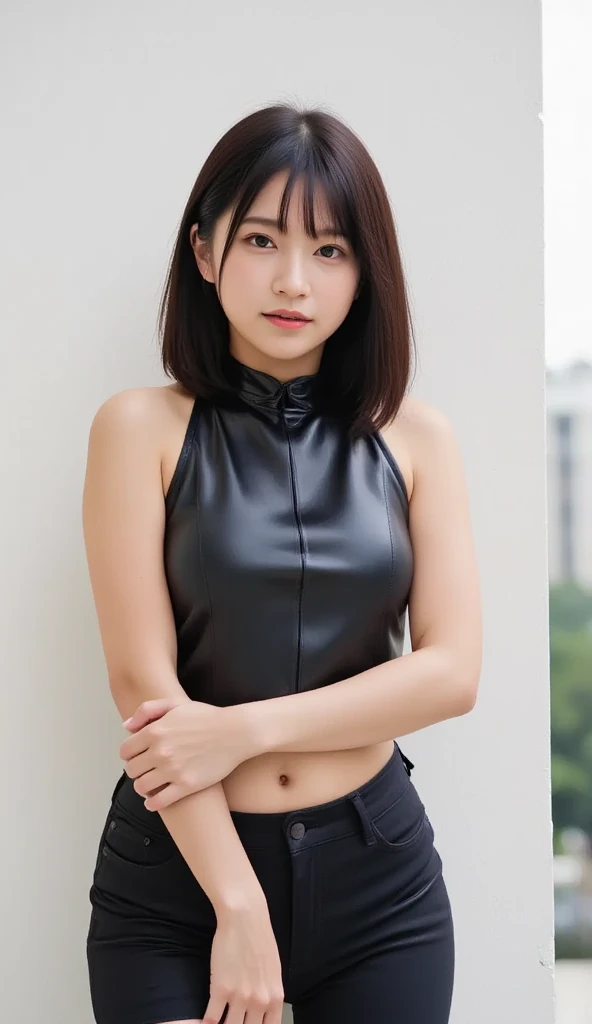arafed asian woman in a black leather dress posing for a picture, leather top, black leather bra, she is wearing a black tank top, tight black tanktop, model with attractive body, japanese model, black top, sexy :8, 2  female model, wearing leather swim suite, black bra, wearing a cropped black tank top