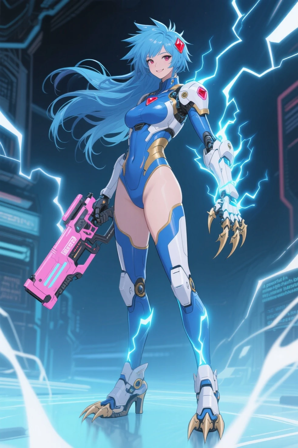 Woman in a futuristic suit standing in a futuristic city, Girl wearing mecha cyber armor, (Mechanized Valkyrie Girl), (Beautiful cyborg angel girl), Cyberpunk Girl Mecha, Unreal Engine Rendering + goddess, Cyberpunk Girl, Medium chest、smile、(top-down bottom-up), full body, high heels.open legs, show pussy, show tits