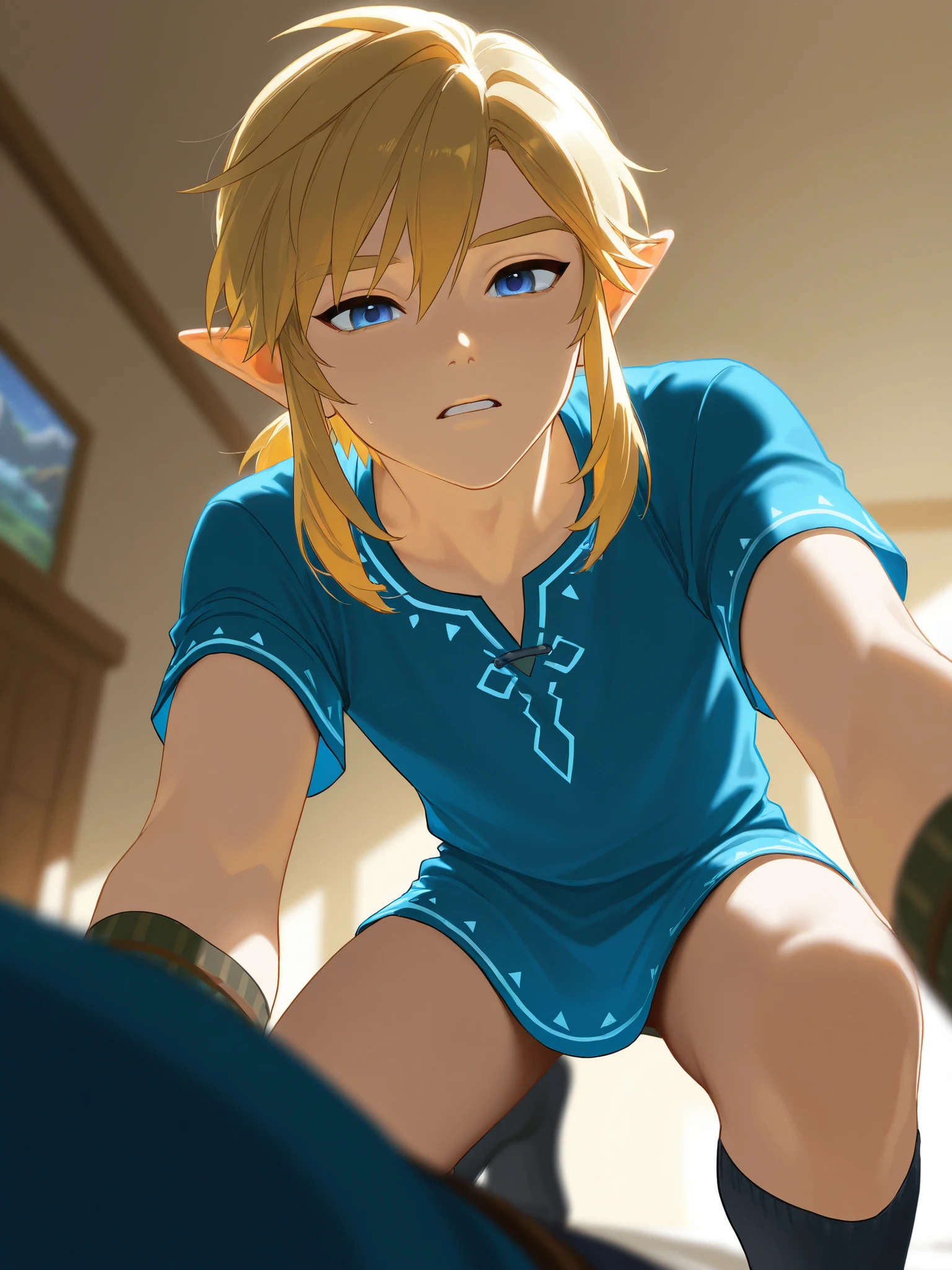 (Masterpiece), (Best Quality), ((Highly Detailed)), Link from botw, male, boy, medium hair, blond hair, blue eyes, blue earrings, full body, horny, big bulge in the crotch, upper body free, hard cock, sitting at the desk, 4k, 8k, anime style