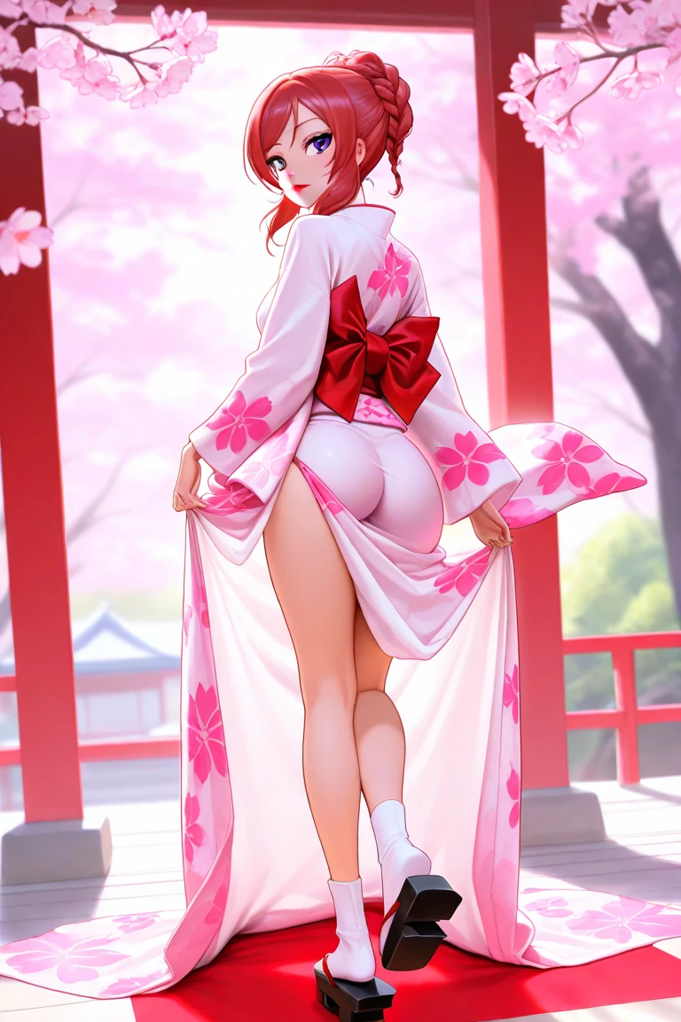 (masterpiece:1.2, best quality), 1girl,solo, large breasts, full body, headband, pink hair, short hair, green eyes, lipstick, red dress, bare shoulder, looking back, sakura, haruno_sakura, naked, sexy, transparent kimono.little pubic hair, silver pubic hair, white skin with a pinkish tint, beautiful lips, perfect mouth, pink eyes, wearing red sandals, perfect little feet, pink painted nails, holding a medical record in one hand (long pink nails), holding a syringe in the other hand, orgasmic face, clear liquid dripping from her pussy.