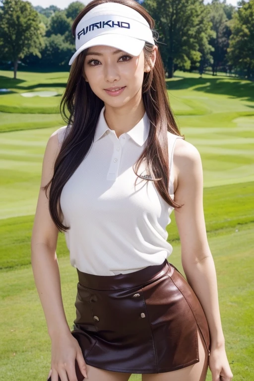 (uhd, masterpiece, anatomically correct, textured skin, super detail, best quality, highres, 8k, bloom, Front Light:1.2, Perfect dynamic composition),(((Thigh-high boots)))、((White and blue lace-up costume))、((Twin tails with big ribbons))、((Soaked clothes))、(Arms outstretched)、((Nipple Covers))、((slit)、)(Keiko Kitagawa)、(chest) (24-years-old, 1 person, Cute and sexy), (Sexy Face, Long face, distant eyes, Gentle eyelids, Thin eyebrows, Gentle corners of the eyes, Hawk-like nose), (Gal Makeup), (eyeliner), (completely charm you), (Eyes that feel erotic), (A taste of beautiful eroticism), (Too cute beauty), (Captivating smile:1.0), (Light Brown Hair:1.4), (Long Hair, Inward curled hair, bangs, Smooth Hair), (Tight sleeveless wear:1.3), (White tight skirt:1.2), (Black knee-high socks:1.3), (Voluptuous Breasts), Golf course, grass, blue sky, Asahi, forest, fairway,, (arm behind back:1.5), (Cowboy Shot:1.3), (Taken from the front), (Looking at the camera), Keiko Kitagawa、Belly button、Big earrings