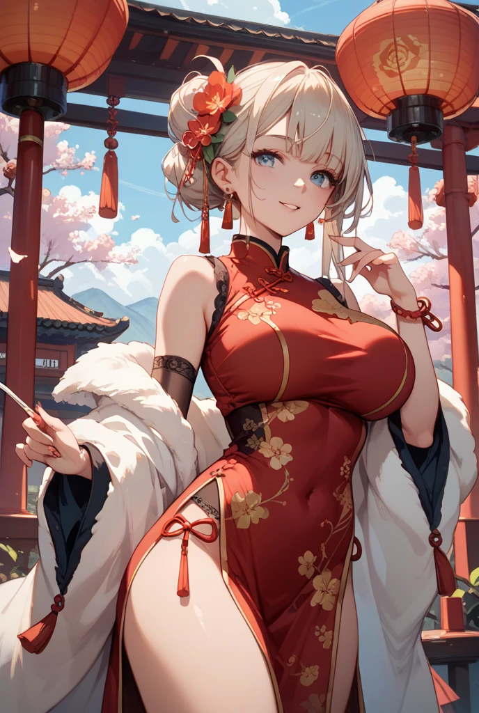 ,Ink  wash  painting,
1girl,solo,female,mature female,big breasts,oval face,slender,glamor,model,white skin,china_dress,chinese_style,hanfu,song style outfits,print_cheongsam,pantyhose,_pantyhose,gold_necklace,medium hair,swept bangs,leaning on object,index finger raised,hand to mouth,eye-contact,looking_at_viewer,bright pupils,Slightly open mouth,parted lips,seductive smile,drunk,light  blush,traditional_chinese_room,on_couch,stuffed_bunny,curtains,tile_floor,mansion,earrings,headband,, masterpiece,best quality,highly detailed,Amazing,finely detail,extremely detailed CG unity 8k wallpaper,score:>=60,, beautiful detailed eyes,Fine hair texture,