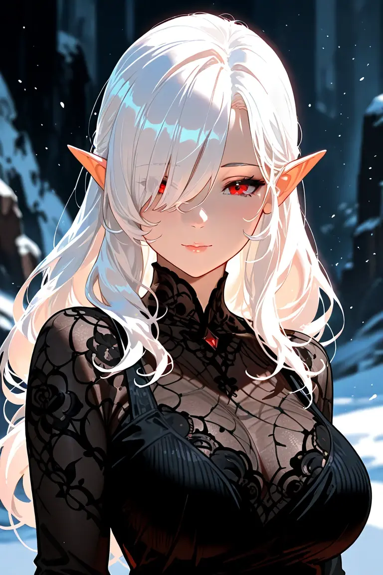{{masterpiece}},best quality,Very detailed,Extremely detailed CG Unity 8K wallpaper,illustration, 1 Girl, Red Eyes, Wavy silver hair, Pointed ears, vampire, skirt, necklace, Flowering, snow, ice, whole body, shooting,High close-up, Very detailed,Center frame,Clear focus, Looking at the audience, Flowing hair,
