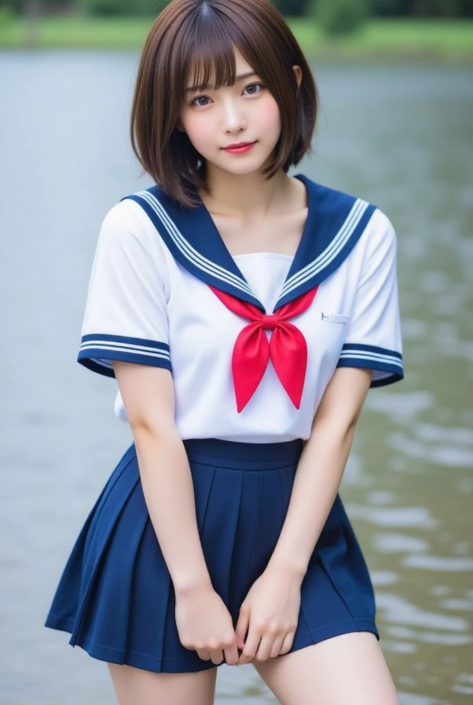 (masterpiece, 8k, best quality:1.2), in the river, outdoor, 1girl, 20 yo school girl, smile, looking at viewer, sailor uniform, wet clothes, soaked, wet hair, wet skin, translucent, glistening with oil, drenched, bright sunshine, soaked heavy clothes, playful, black hair, short bob