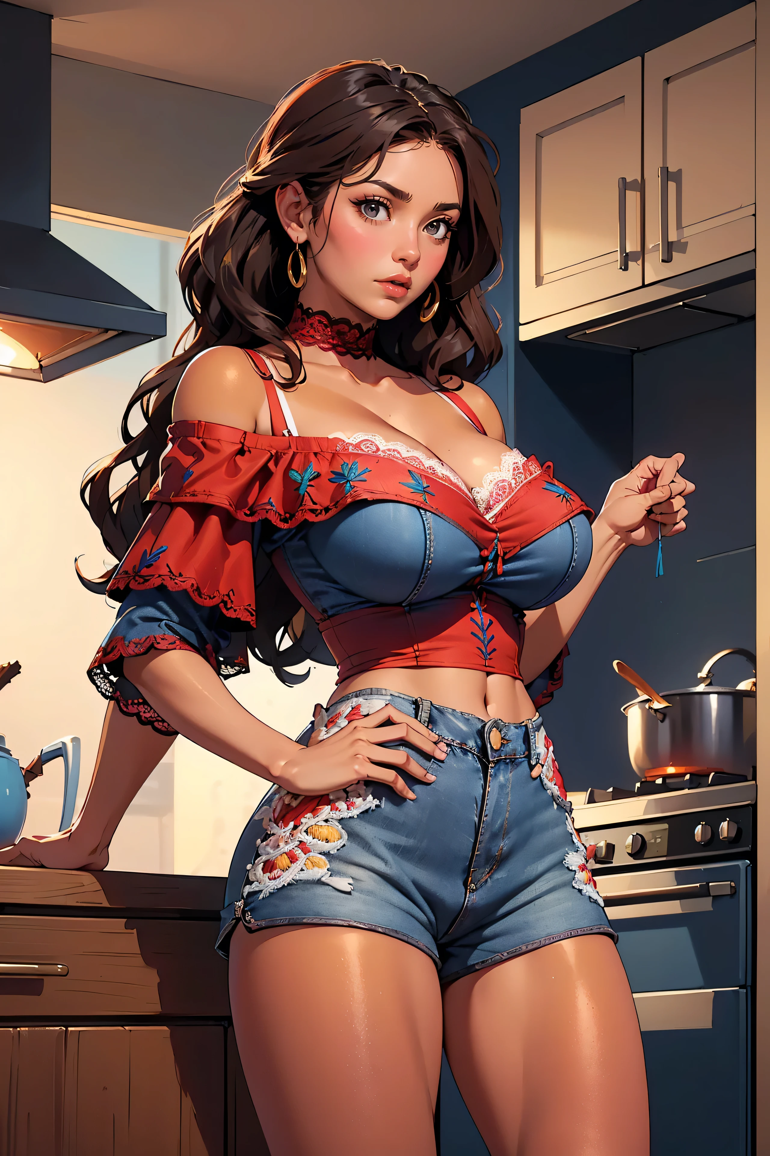 Beautiful girl, 20 years old, deep black hair, blue eyes, plaid denim low-cut red shirt tied at the waist, tight short, Cowboy hat. The most beautiful woman in the world, busty. Comic style. Marvel comics style