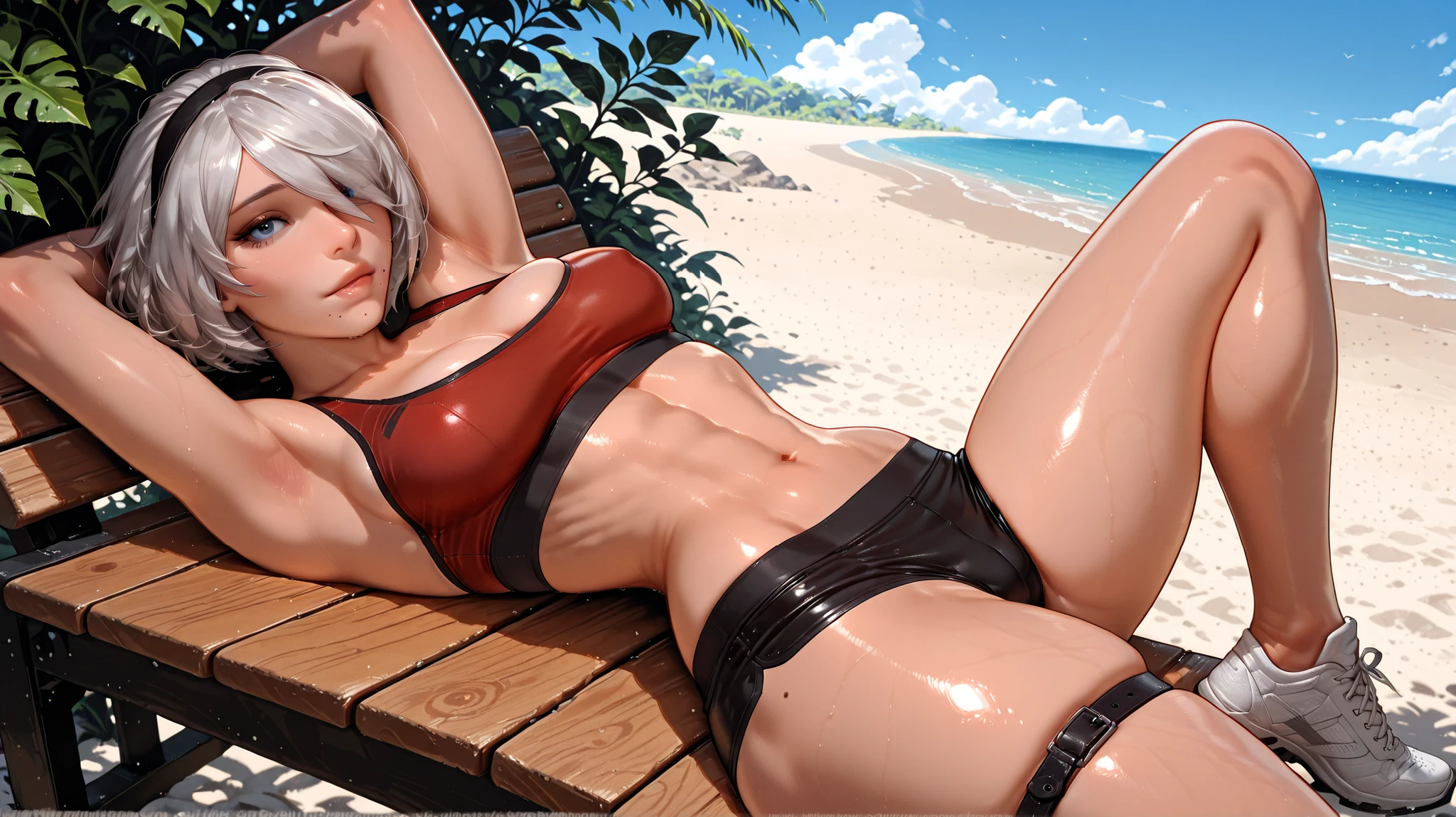((Best quality, 8k, Masterpiece :1.3)), A pretty 1woman with perfect figure :1.4, Slender abs :1.3, ((light brown hair, medium breasts :1.2)), (wearing pink micro bikini:1.5), (Lying on hammock, Hammock, At the beach:1.2), Highly detailed face and skin texture, Detailed eyes, Double eyelid, arms holding breasts,