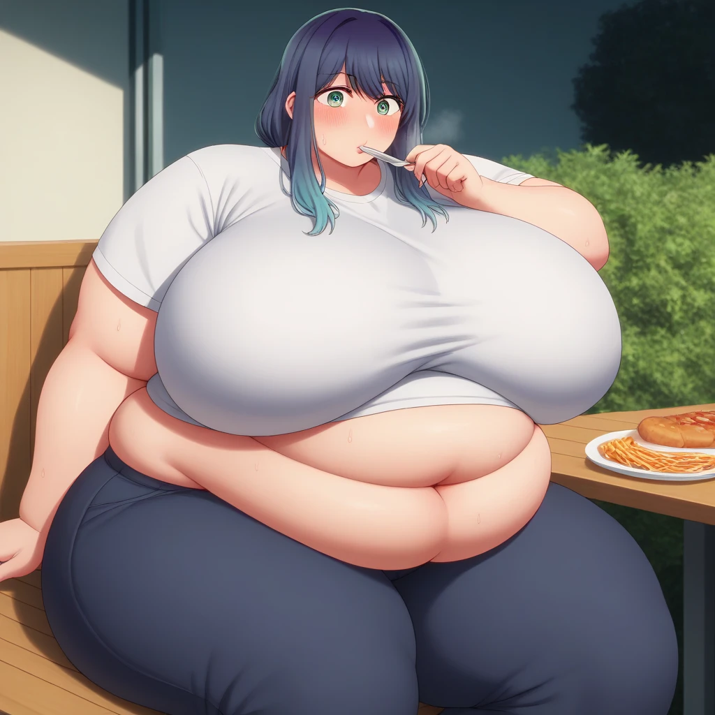 saori joumae, blue eyes, blue hair, halo, long hair, massive breasts, wide hips, torn clothes, massive hips, fat bare arms, bare shoulders, belt, black headwear, black pants, black shirt, blue gloves, crop top, gloves, leggings, midriff, navel, pants, shirt, sleeveless, sleeveless shirt, wet, sweaty, tired, sitting on bench, fat face, fat neck, double chin, fast food restaurant, eating