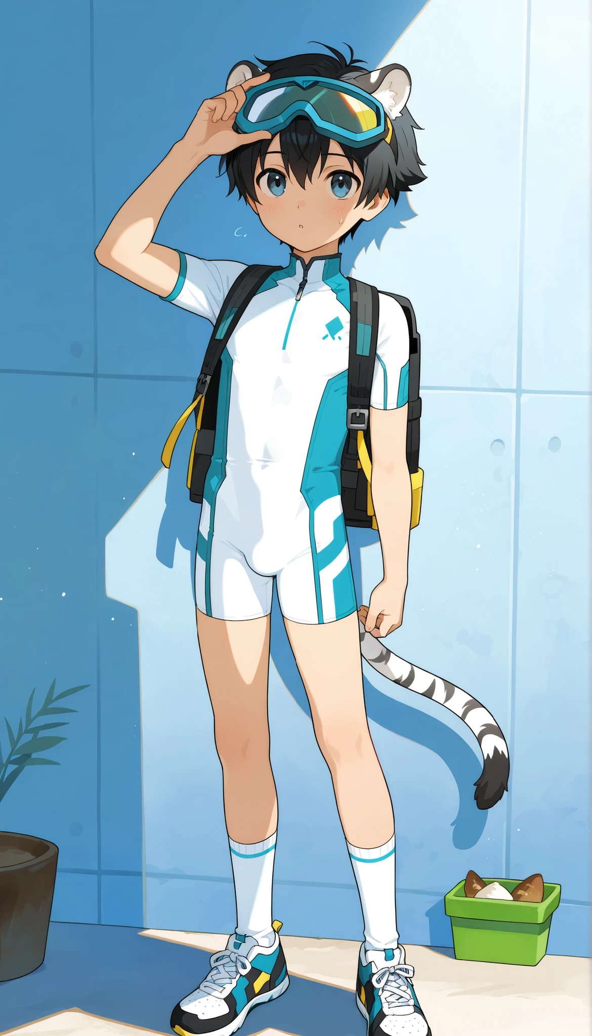 a boy, short hair,cute,一个棕发的穿着白色裤袜的 Shota, wearing goggles on the head, White Tiger Ears , masterpiece, best quality ,male focus, Shota,summer,Short sleeve,cowboy shot,Little Hero,happy,(( white socks)),sneakers,shota wearing a white form-fitting bodysuit with a futuristic design featuring blue and white colors along with stylized graphics. The person's left hand rests on their torso, capturing the length of the body. The background shows a striped bedspread and indoor surroundings. Natural lighting softly illuminates the scene from the left, with a calm and relaxed atmosphere.