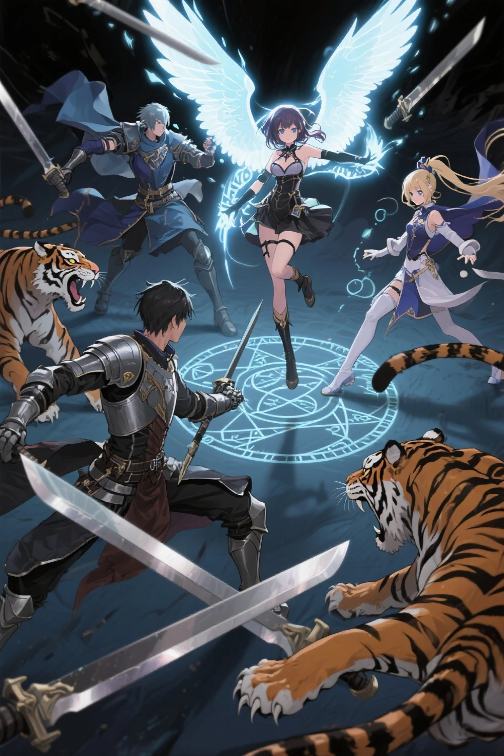 masterpiece, best quality, women, a group of sorceresses fighting warriors, manipulating elements of nature, fantasy, medieval, in a battle arena, dynamic pose, beautiful detailed brilliance.