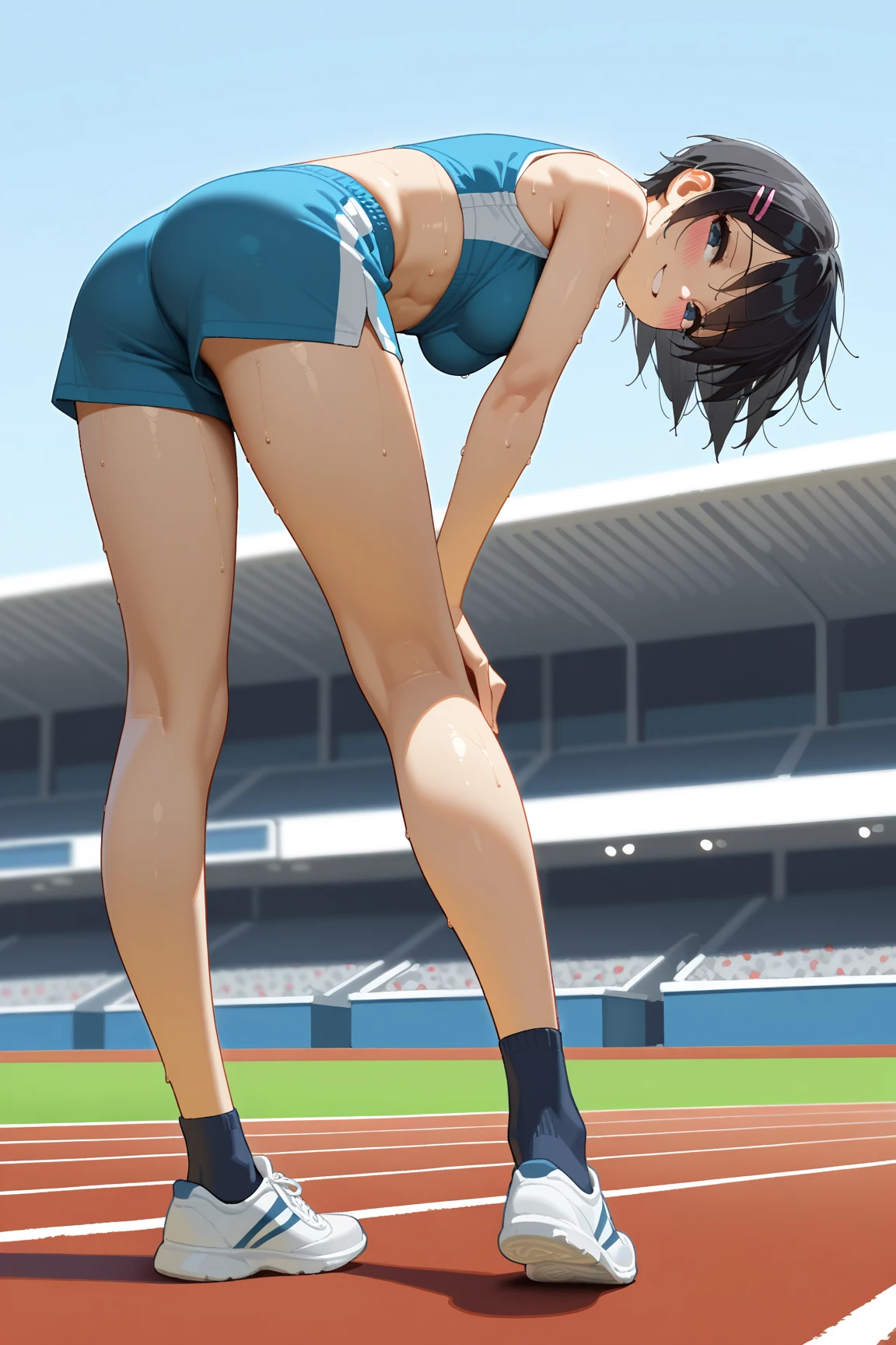 Raise your hand Maki Horikita Beautiful girl Junior high school student Smile Brown hair Track and field Short stature Small breasts Short hair White tank top Beautiful legs Navel exposed Track and field Very messy hair Strong wind During a competition Serious face Full body visible