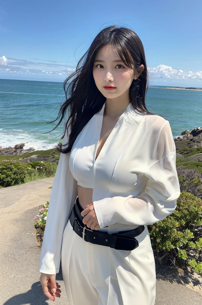 best quality,masterpiece,ultra high resolution,(realistically:1.4),1 girl,Raised sexy,(shirt:1.2),(bra:1.2),(Big cleavage:1.3),(upper part of body:1.4),seaside beach,afternoon