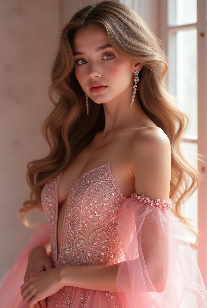photography of a stunning girl, wearing a pink classy dress, view from the below the bust,a fine woman, natural bust, wavy hair, looks into the camera, symmetrical eyes, symmetrical face, photorealistic, photography, path tracing, specular lighting, volumetric face light, path traced hair, visible shadows, intricate, elaborate, hyper realistic