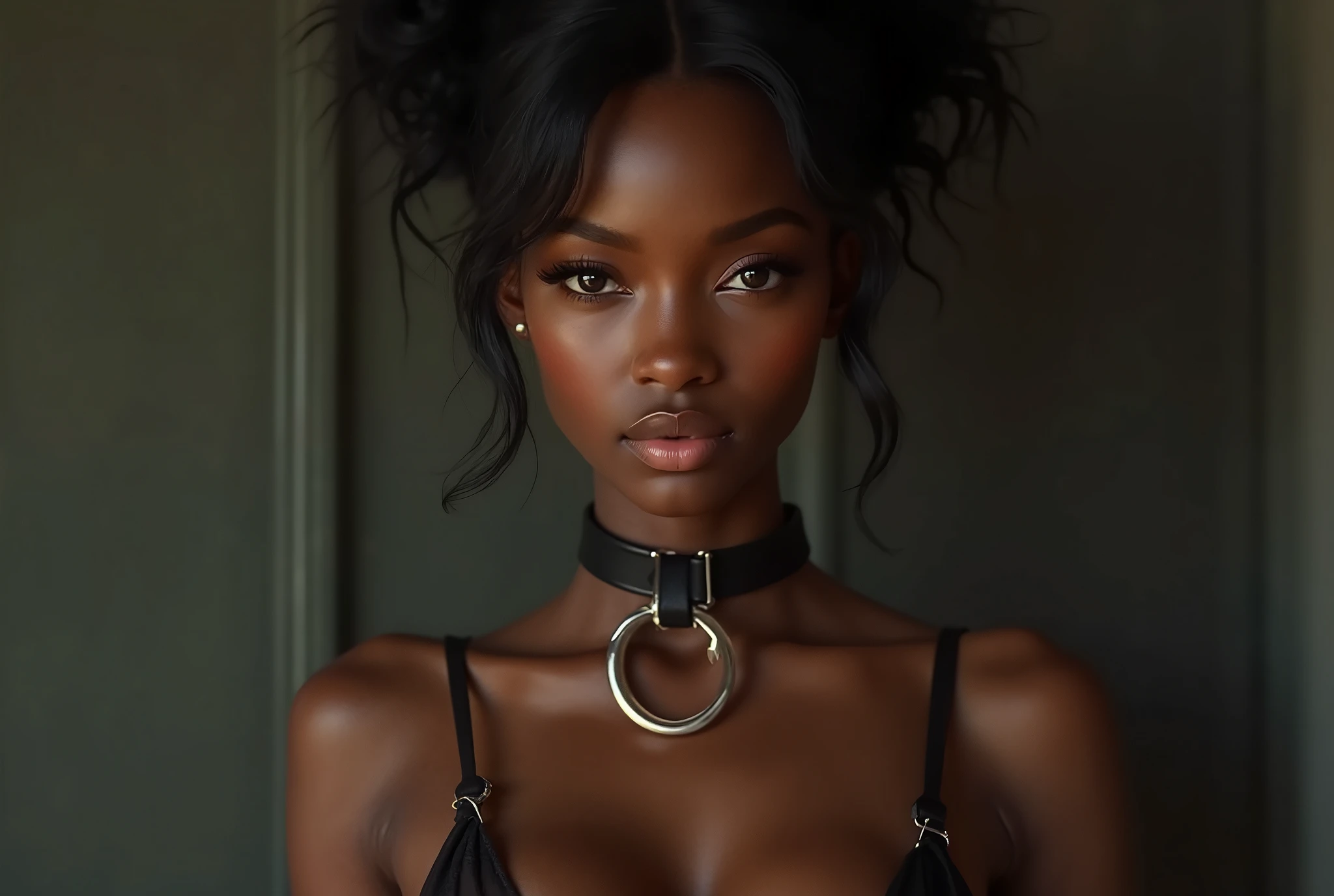 african woman, young, naked, red bangs, septum piercing, dimples, thick belt around neck, naughty expression, light brown shiny latex bodysuit, close-up, UHD, retina, masterpiece, accurate, anatomically correct, textured skin, super detail, high details, high quality, award winning, best quality, highres