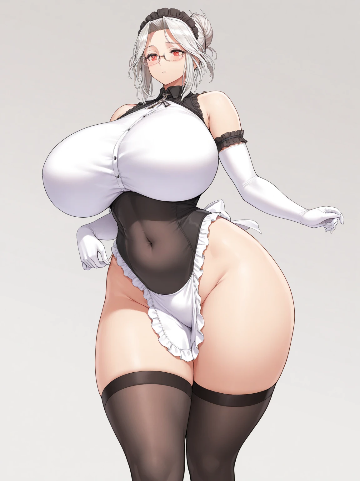 (masterpiece, best quality:1.4), illustration, 8k, hd, 1girl, solo, cowboy shot, short_hair, white_hair, dress, white_thighhighs, no underwear, short_sleeves, frills, apron, red_eyes, cleavage, metal_collar, anchor_choker, maid, white maid, gigantic ass, massive boobs, farting, big belly, gigantic belly, vore, evil smile, smirk