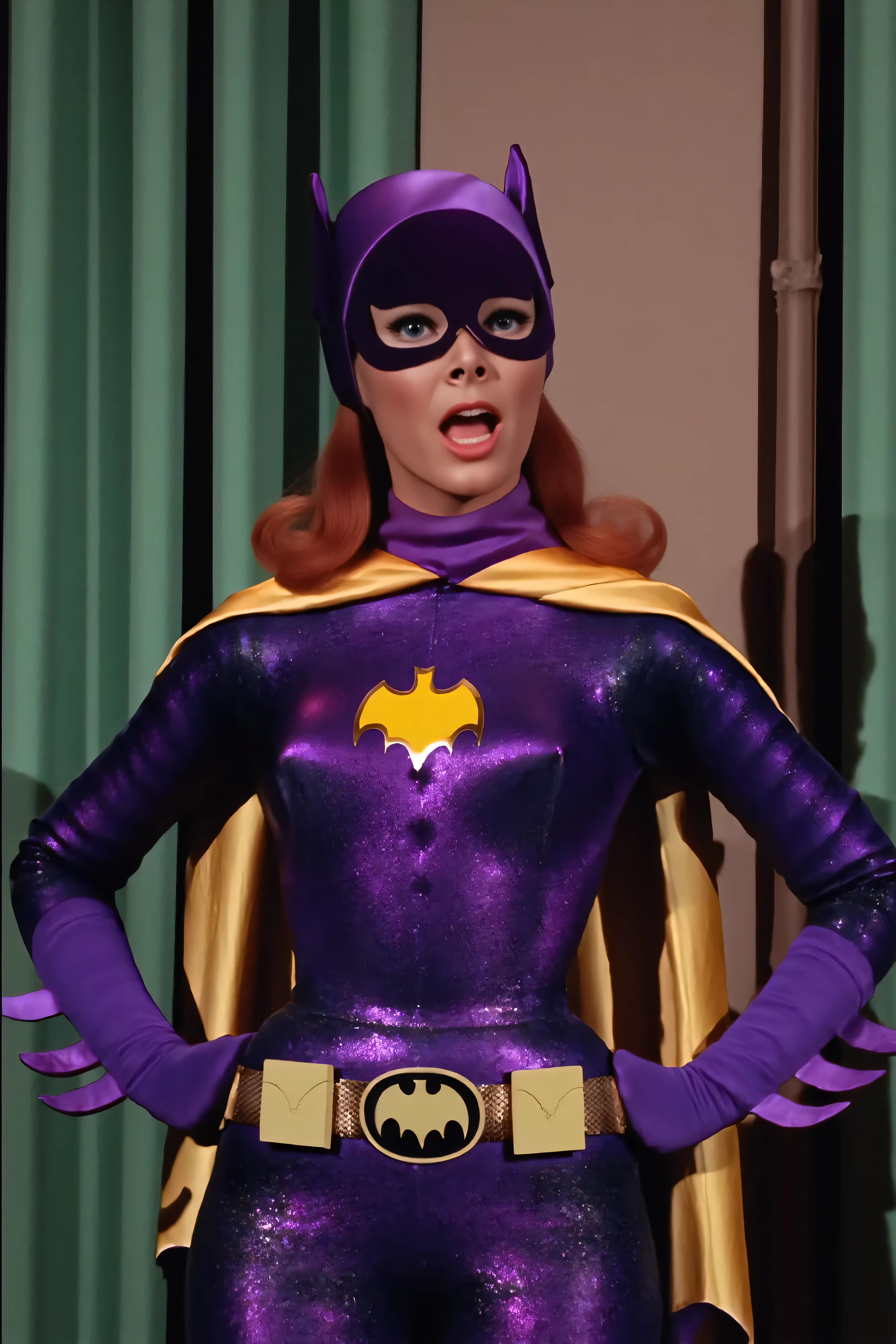Hot sexy woman as Batgirl, American woman as Batgirl, Batgirl, 60s Batgirl, retro purple Batgirl costume, big breast, retro red hair, makeup, purple Batgirl gloves, purple and yellow Batgirl cape, full purple Batgirl cowl, purple Batgirl mask, yellow and purple Batgirl cape, purple Batgirl purple gloves, office background, sexy, head and shoulders view, front view, horrified look on her face, looking directly at the camera, posing for the camera