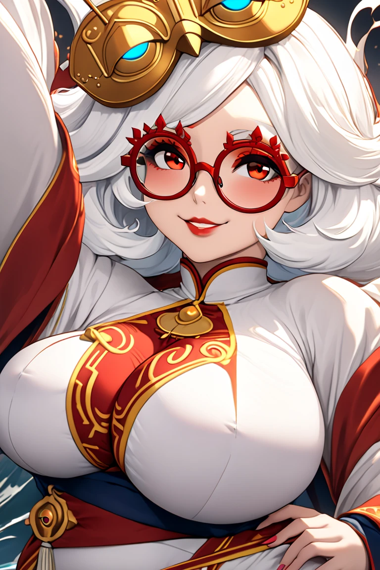 ((masterpiece)), ((best quality)), (detailed), perfect, solo, purah, gorgeous woman with cleavage, luscious lips, white hair, sexy, lying down,