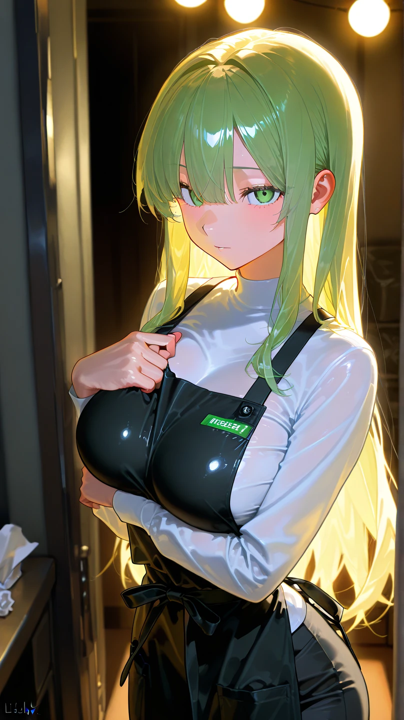 A anime girl with decent sized boobs and a green shirt showing off a gag ball underneath a medical mask