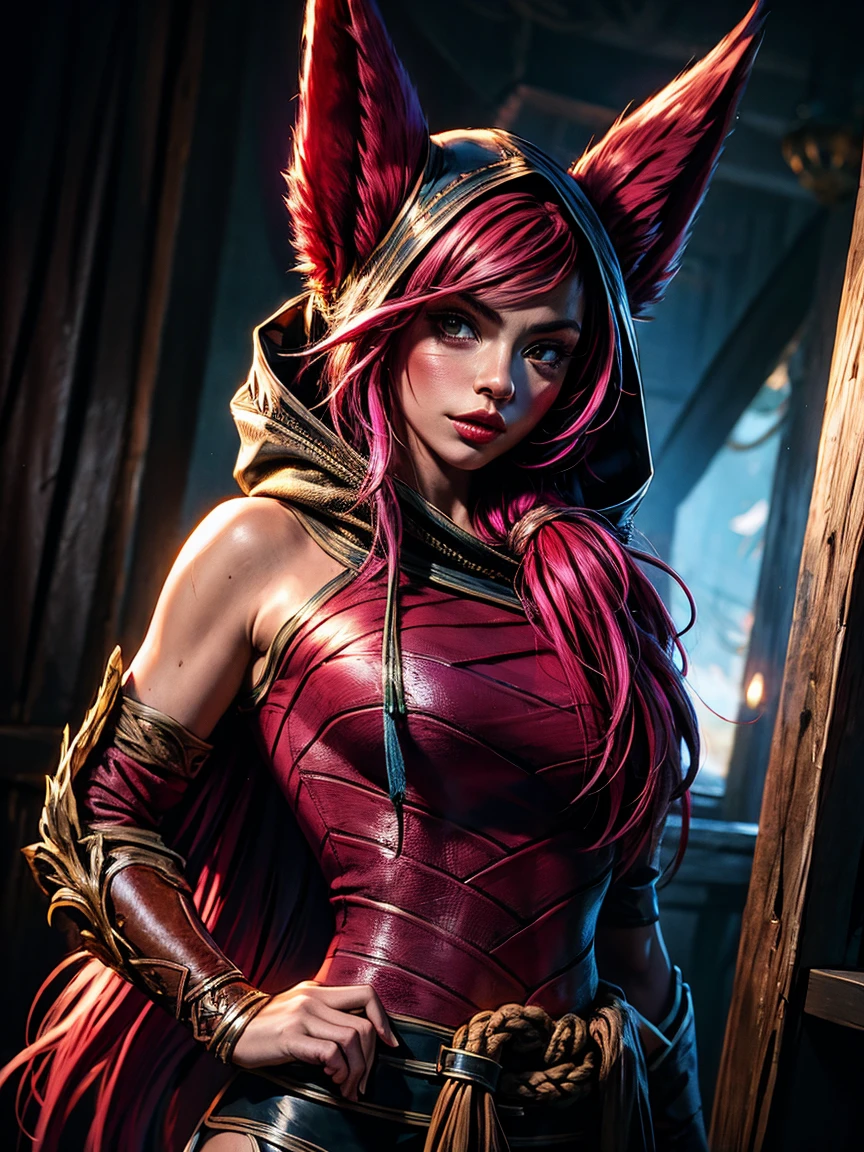 solo mid shot portrait photo of [Christen Harper|Sophie Mudd|Alona Tal|Chrissy Costanza] as a real life version of ((Xayah from League of Legends:0.8) <lora:xayahFromLeagueOf_xayahV1:0.3>:1.28)
dark fantasy background, charming smirking
by Dan Hillier and Brian M. Viveros ultra realistic highly detailed intricate photorealistic analog style photograph sharp focus on eyes, cinematic lighting
