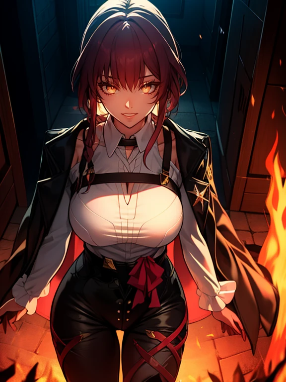 Best god quality, NO EXTRAS, detailed, a dark room with moonlight shining in, confident succubus girl, succubus in long dress, perfect anatomy, She is alone in a room at night, exposed thighs, inside bedroom, she's standing alone in an empty room, inside a bedroom, pointy ears, dark skin, she has red hair, cute, big yellow eyes, looking at camera, red wavy hair, red hair, looking at viewer, cute, adorable, solo, yellow eyes, slender dress, mischievous look, excited expression, smug, (((SOLO))), (girl in middle standing