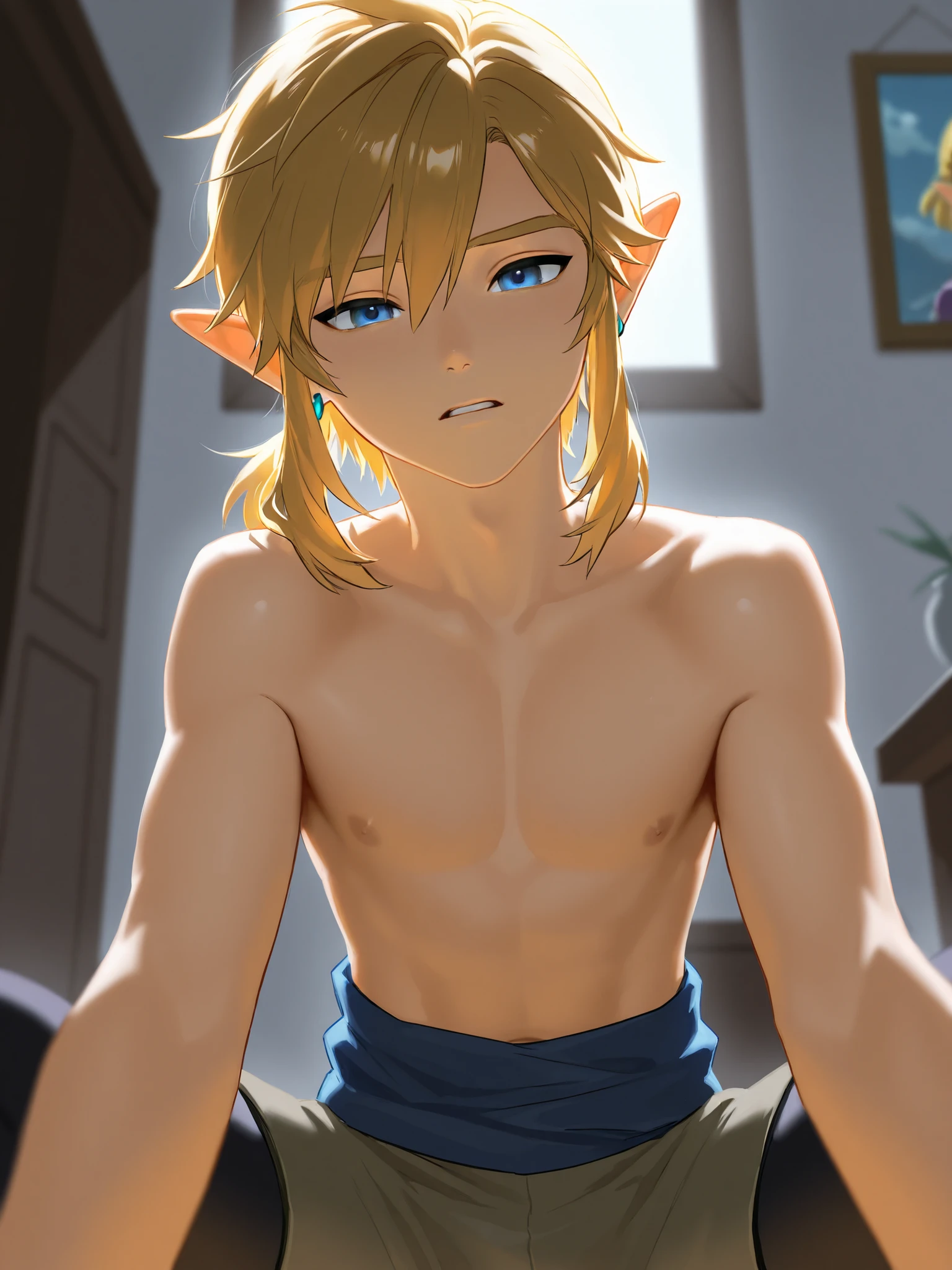 juvenile,Japanese,Thinly-skinned abs,barefoot,Upper body naked,man,Is ejaculating,whole body,Erect penis,Feeling face,Slim body,uniform,Link from the Legend of Zelda