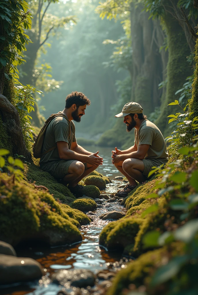 Handsome man untying a beautiful young white man, 26 years old, kidnapped from a chain tied to his leg in the jungle
