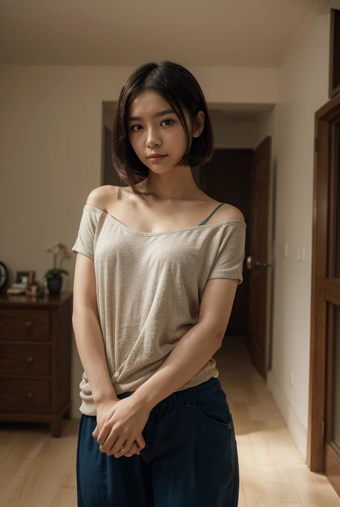 (in 8K、Raw photography, top-quality, hight resolution:1.2)、(realisitic、photoRealstic:1.5)、hight resolution, top-quality, ultra-quality, The ultra-detailliert, lighting like a movie、one girls、25-years old、Change of clothes、A girl wearing a camisole and pants made of thin fabric, Take off your clothes、((Grabbing clothes))、dynamic compositions、A detailed face、beautiful a girl、The upper part of the body, {{fewer moles}}, ((Short hair)), ((Wavy Hair)), Detailed body, Cute and very detailed eyes, ((room at night)), ((Dark light)), dark ilumination, (blue hue), (Cool lighting), (biologically correct arm), (Biologically correct fingers)