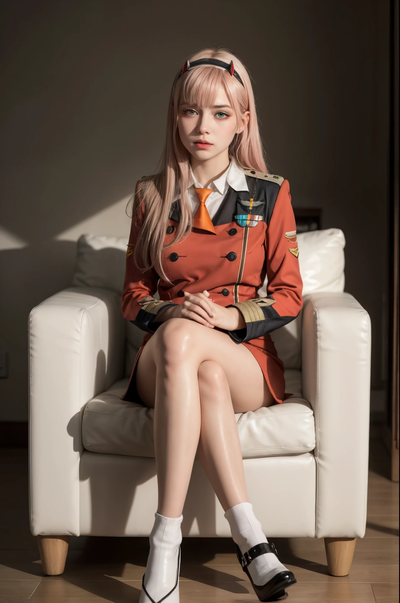 beautiful, masterpiece, best quality, cyberpunk, extremely detailed face, perfect lighting, 1girl, looking at viewer, indoors, zerotwo, hairband, horns, red horns, red uniform, red military uniform, red short skirt, short necktie, orange necktie, sitting on table, (curvy), (legs spread:1.5)