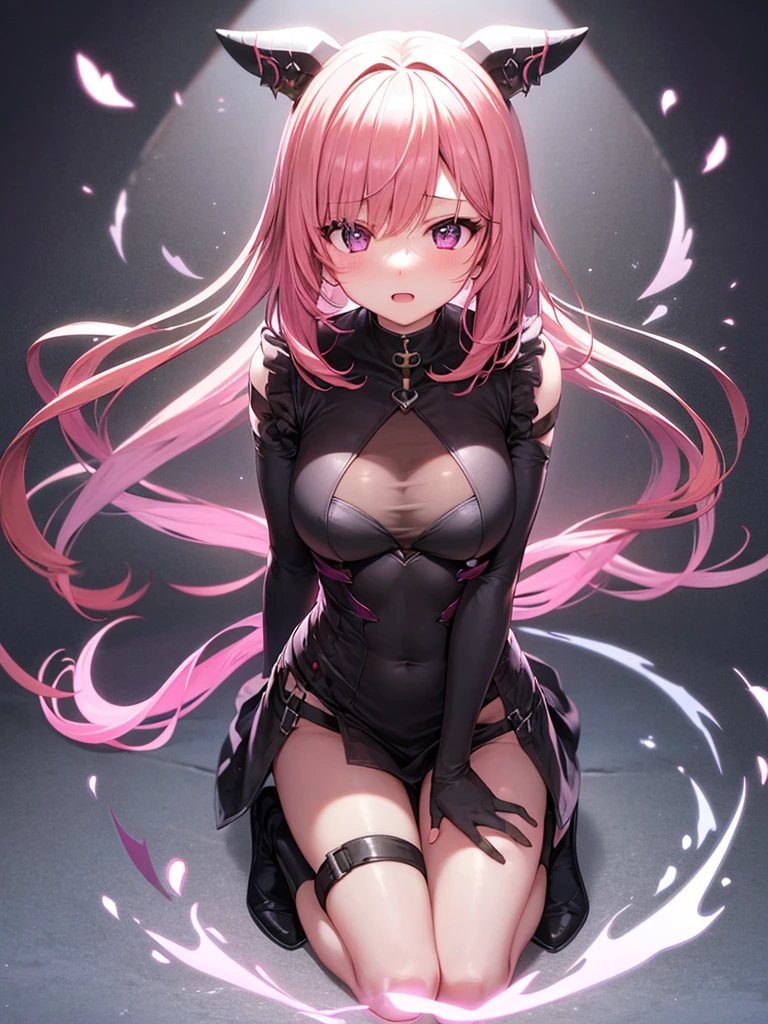 Optimal,masterpiece,High resolution,Highest quality,(Cowboy Shot)、Cute face,Pink Hair、Long Hair、Twin tails、((Shooting from behind:1.5)), ((Wearing tight fitting black separates:1.5)). ((Beautiful nipples))、((Big Breasts:1.5)), Wet and transparent
