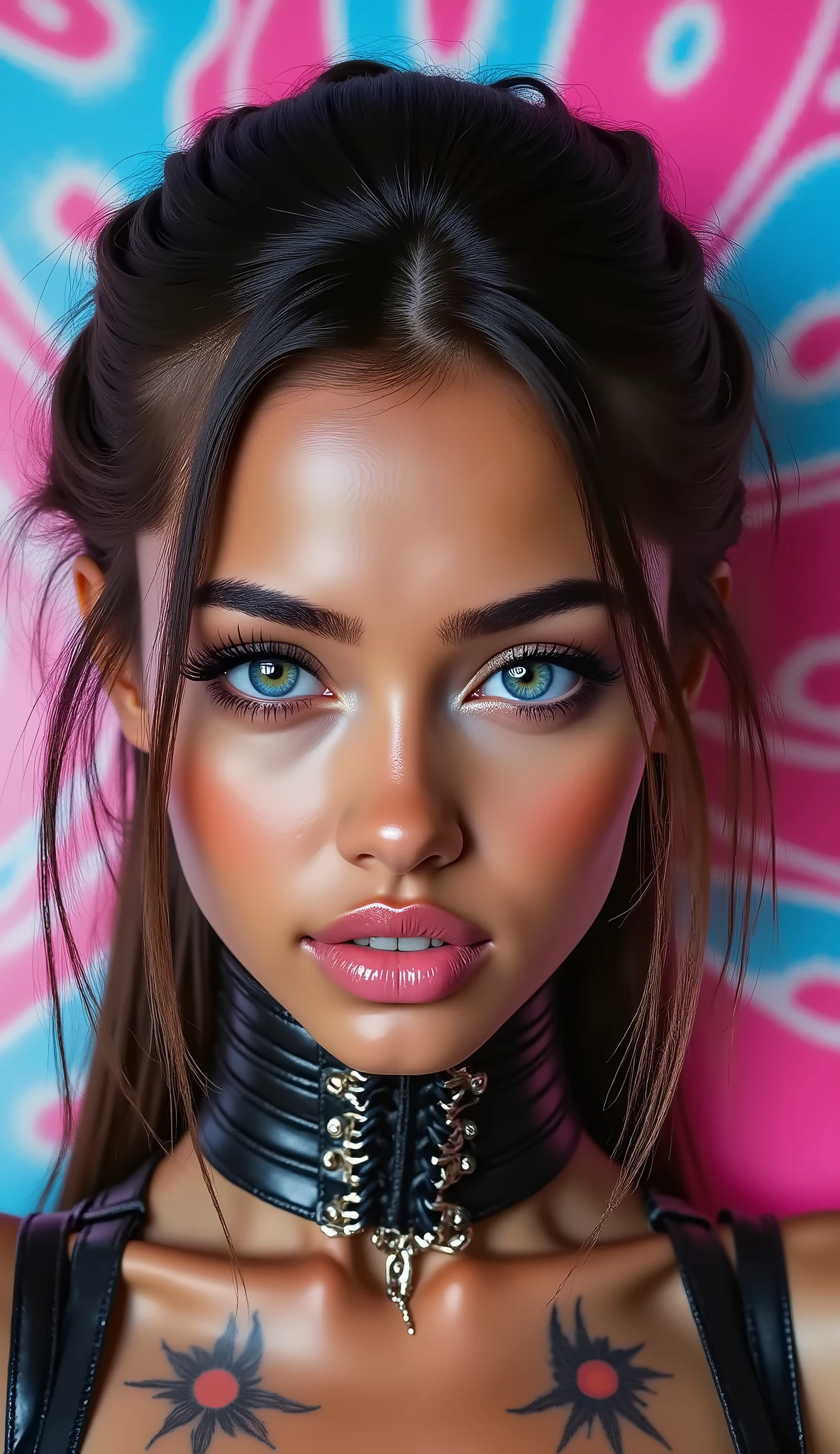  [Style: "masterpiece, realistic, (photo realistic Realism), ultra-detailed, Hyper high resolution"](Key Directive: - ("The priority is the anatomical accuracy and texture of the materials" - "Ultra-sharp human eyes with biological accuracy") { "Eyes: (acid-resistant terminology) (macro-details:1 . 5): * Moist corneal surface (visible aqueous layer:1 . 2) * Hyper-detailed iris stroma ((brown) with gold flecks) * Precise limbal ring (slightly darker pigmentation:1 . 22) * Pupil micro-texture (irregular edge authenticity:0 . 9) * Vasculature in sclera (subtle red veins radiating from limbus)" - "Lashes: blue individual synthetic fibers (crosshatched roots:1 . 2 , clump-free separation)" Technical Specs: (Optics: - "Zeiss Otus85mm f/1 . 4 lens (eye refraction calculations:1 . 3)" - "Shutter Speed:1/500 (freeze eye micro-movements)" - "Focus Stacking:7-point coverage on iris plane") (Post-Processing: - "Frequency separation for skin vs eye details" - "Selective sharpening: eyes200% , hair80%" - "Denoise: luminance20 , color35 (retain corneal speculars)") (Avoid: "pupil distortion , uncanny valley asymmetry , plastic-like wetness") ((beautiful western model:1.8)),(photorealism: 1.4),( hot girl brown skin),(complex and realistic skin texture:1.4), {{"[dynamic rear pose,portrait view, 18yo, skinny, Honeycomb latex outfit "((latex bra:1.4))" blue green latex harness choker intricated ,complex thin laces stomach harness, tied up,arms tattoo,micro skirt, garters,flat chest,angelic cute face,white teeth, perfect beauty, perfect eyes render, long eyelashes, neon pink lips, oiled skin,psychedelic background,voronoi backround, hyper realistic and detailed face ,no blur sharp focus on all body]"}} 