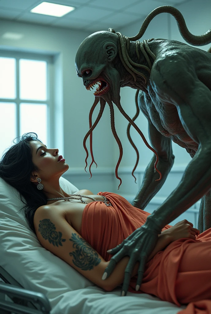 A giant big Hight strong muscled alien touching a brown blonde hair pregnant woman chest no chest clothes and he opened his mouth and saliva flow from his mouth to her belly and both laying on the bed