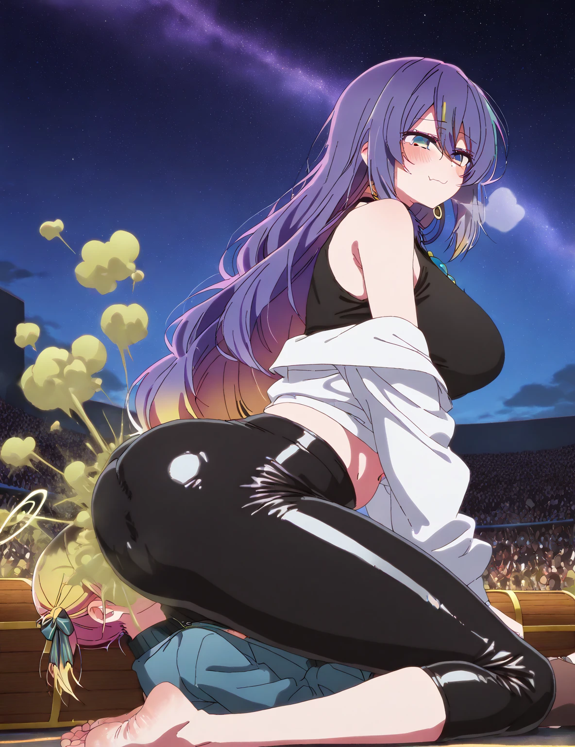 furuderika, long hair, purple eyes, blue hair, blunt bangs, , pink bow, , large breasts, , pink bow, live stage, nipple, naked, solo, Peeing, lactation, projectile lactation, , Sweating profusely, Love juice, Wet Woman, female ,