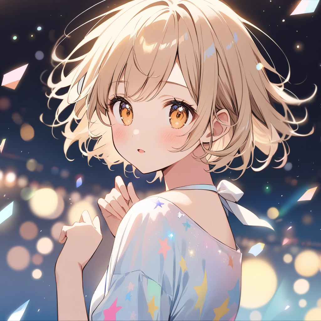 1 girl, 18yo, (flat chest: 1.5), blue eyes, light brown hair, bob cut, summer outfit, smile, open mouth, writing a wish on a strip of paper, upper body, tanabata, many strips of paper are hanging from the bamboo, starry sky, 8k, RAW photo, best quality, masterpiece, extremely detailed 8k wallpaper, ultra-detailed, best shadow, detailed background, beautiful detailed face, beautiful detailed eyes, nice hands, perfect hands