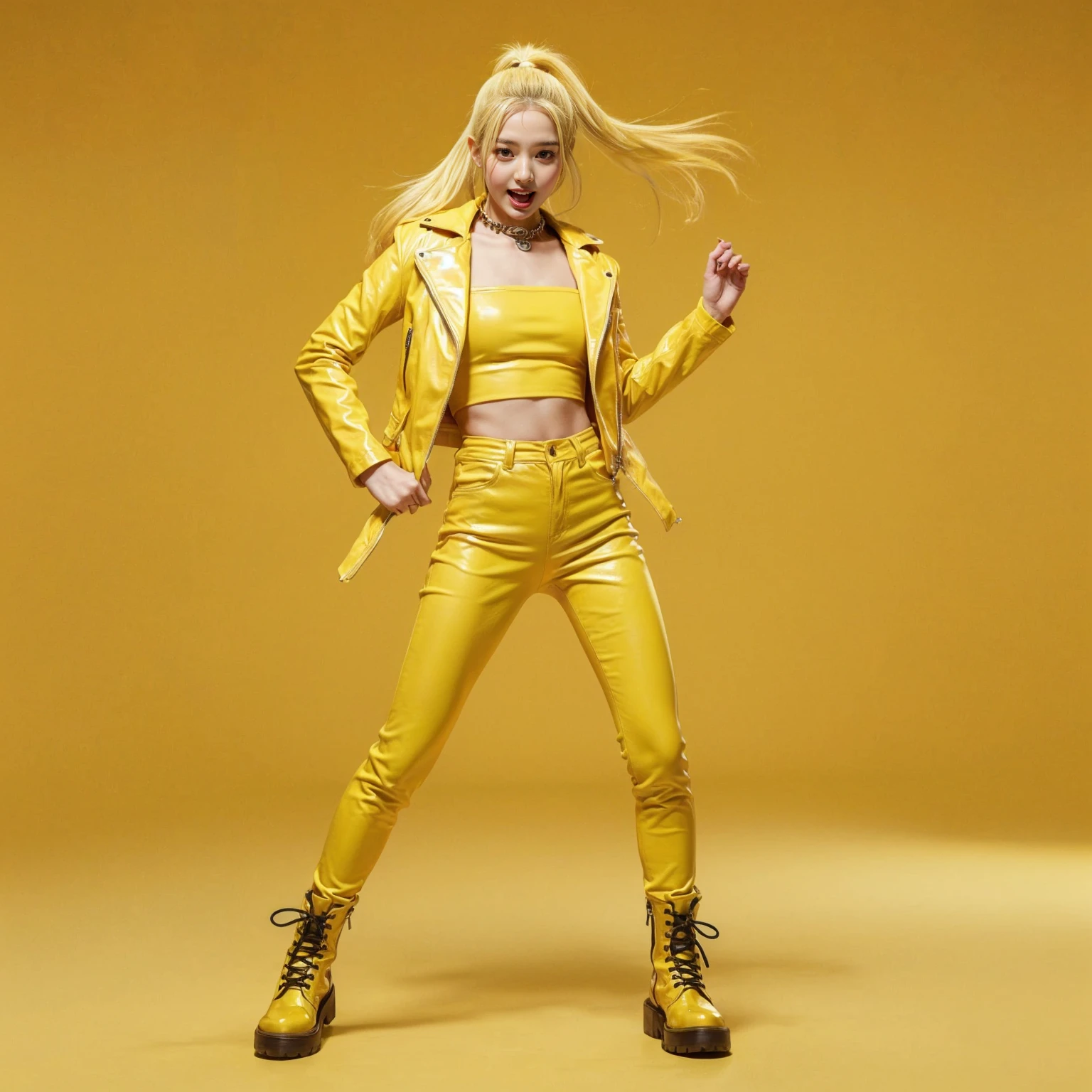 A woman with long white hair,wearing a yellow plastic jacket and two black stars on her nipples and a yellow mini skirt and very futuristic white boots,I want her to pose in a very sexy but vulnerable way.,she will wear a small brain necklace,I want the image to convey something of theory with related things but in an iconic way.