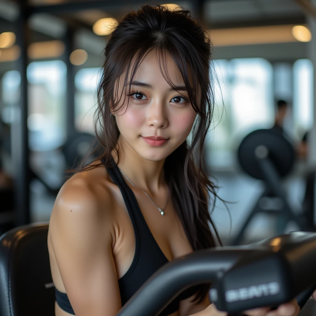 Fan Bing-bing wearing tank top sportswear in the gym and smiling