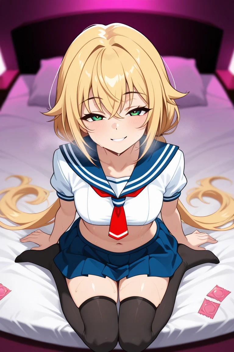1girl, pretty, wicked smile, hot, sexy, expressive face, expressive eyes, sex, blushing, lewd, taunting, full lips. looking at the viewer small breasts, small hips, small waist, loli, young girl (best quality) (best detail) girl, teasing expression, pouting, full school girl uniform, modestly covered, skirt., long blonde hair, bratty., by nyantcha, ThiccWithaQ art style, not naked, fully covered chest, sex with a big older man, moaning, getting manhandled, molested, DDLG, daddy, kink, getting groped, sex with old man, touched by old man.