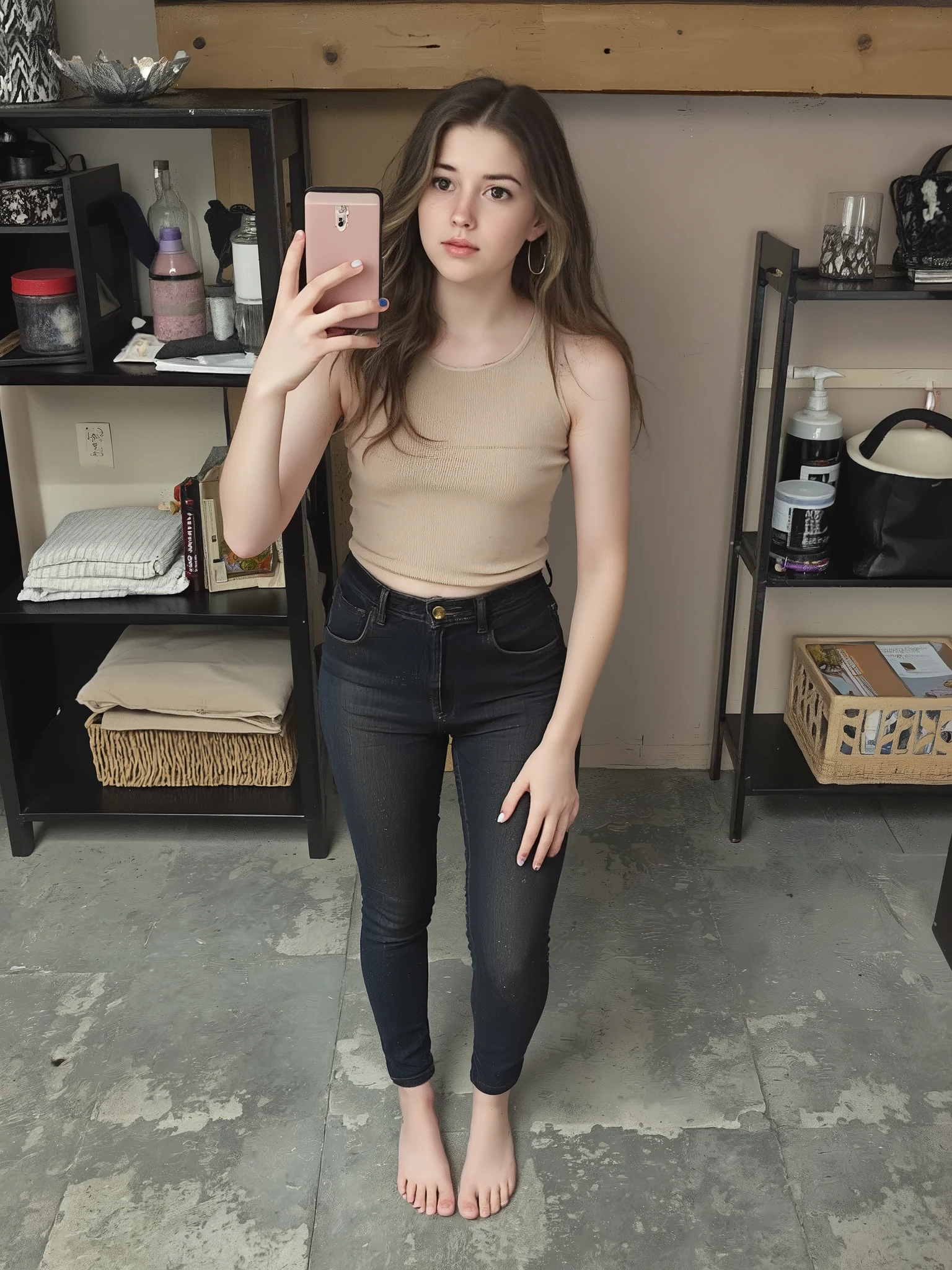 realistic photograph of ailattsf dressed as an adorable petite european girl wearing skinny jeans and a cute top, skinny body, pale skin,slender neck, freckles, wavey blonde hair, dainty girly hands, nail polish, slender legs, dainty girly feet, barefoot