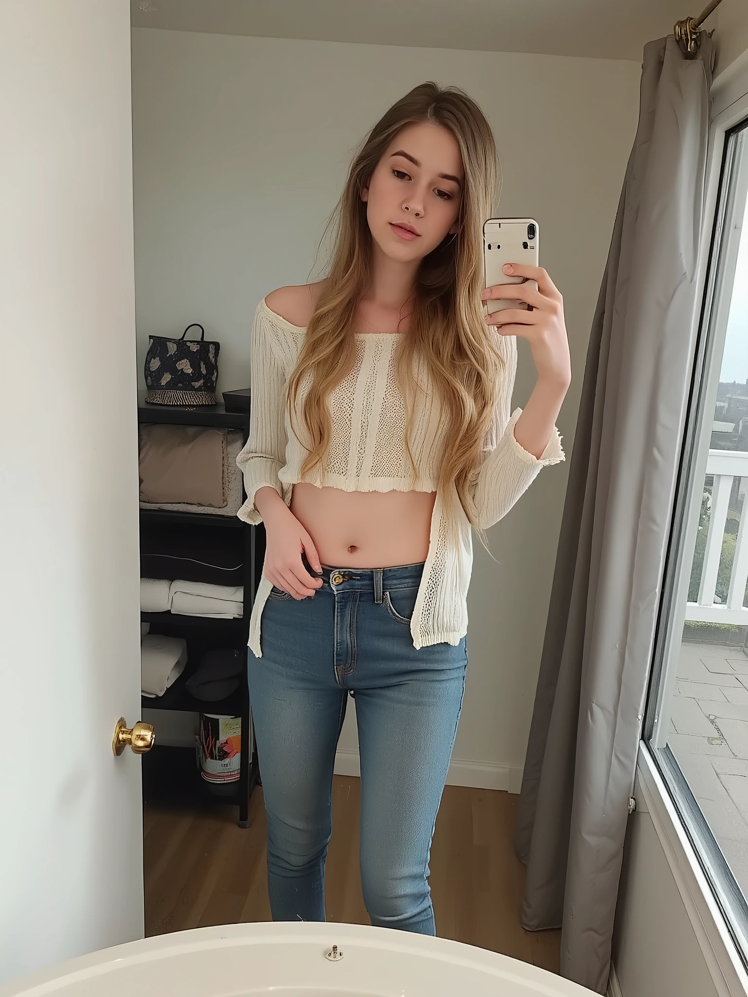 realistic photograph of ailattsf dressed as an adorable petite european girl wearing skinny jeans and a cute top, skinny body, pale skin,slender neck, freckles, wavey blonde hair, dainty girly hands, nail polish, slender legs, dainty girly feet, barefoot