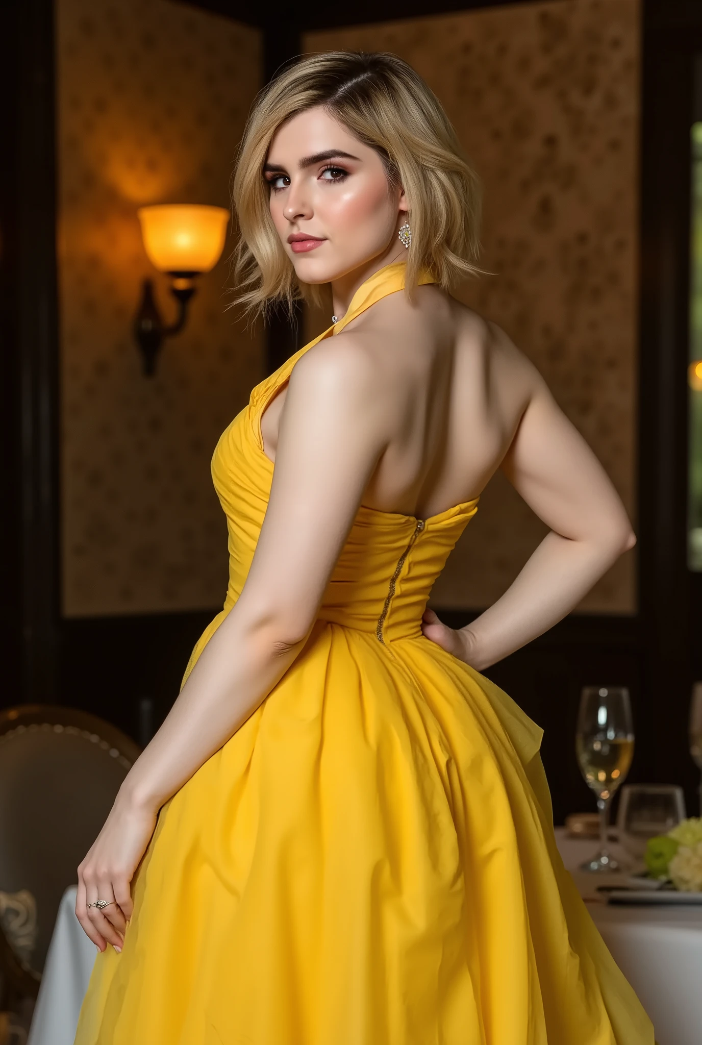 woman in yellow dress posing in a restaurant with a lamp, beautiful yellow woman, lady using yellow dress, woman, cute woman, women, beautiful girl, goddess, lovely woman, jaw-dropping beauty, gorgeous lady,