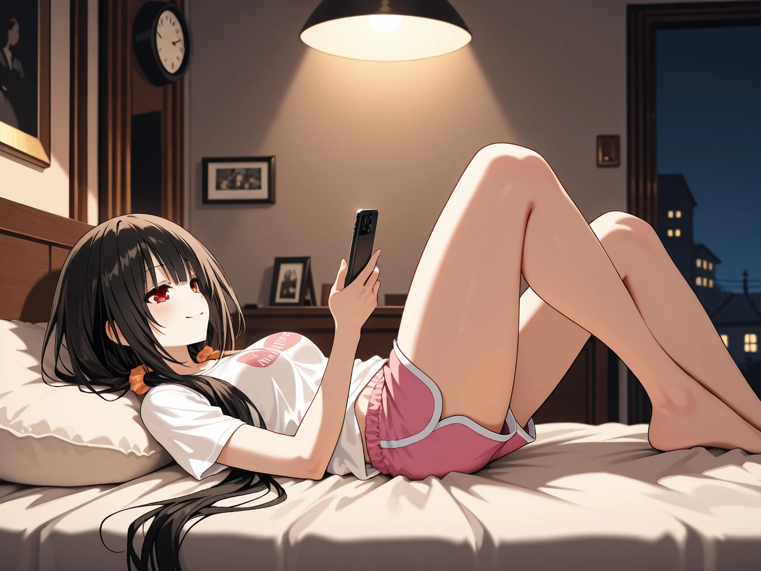 teenage hikka girl with black, long, flowing hair. Wears a black T-shirt with a white pattern on the back and blue shorts, has a tired look and bags under his eyes, brown eyes. The room is a mess, the girl is lying on the bed with a laptop, the room is dark, there is no light, it’s night outside, there is trash on the floor, a bag of chips on the bed. A white cat lies nearby