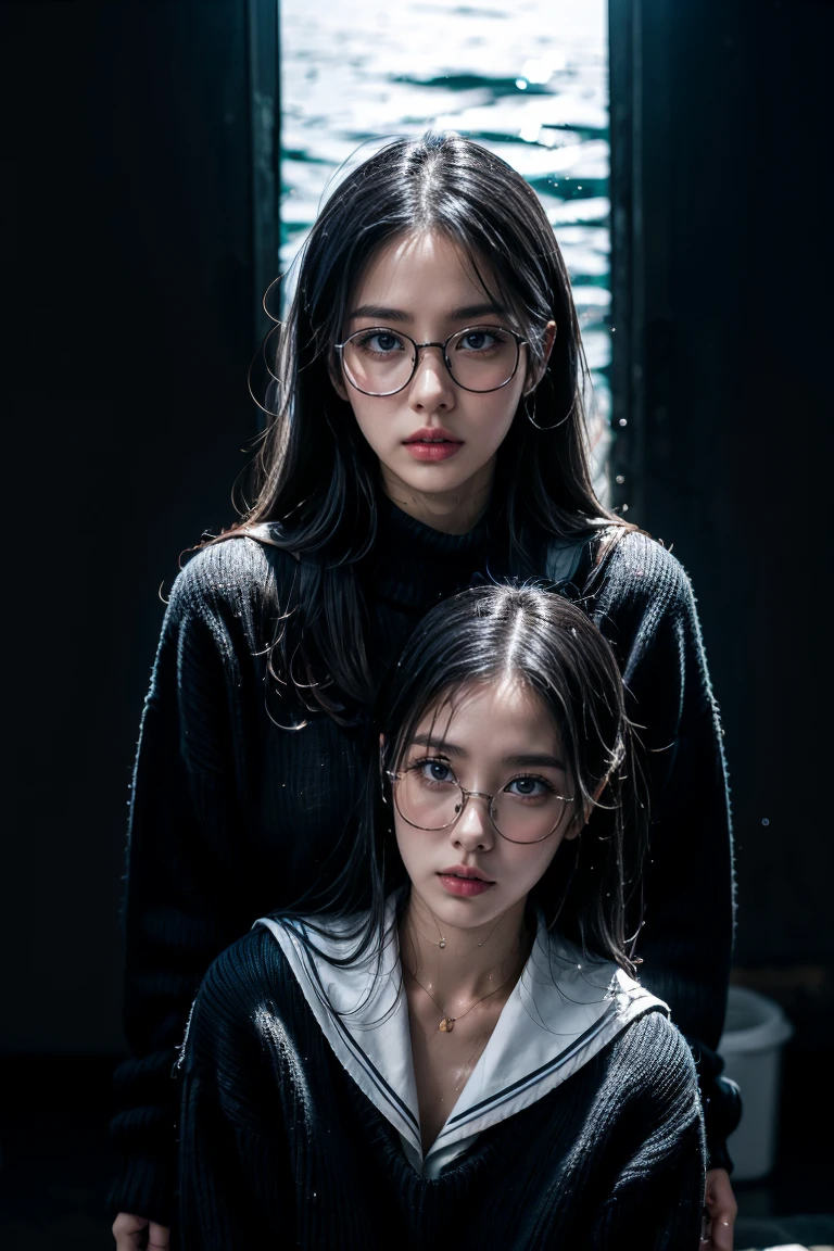 a carefree young couple, a girl with black hair and blue highlights, pale skin, a boy with dark skin, black hair and glasses, both with clown makeup, dramatic lighting, intimate portrait, oil painting, highly detailed, cinematic, vibrant colors, dramatic color palette, chiaroscuro, dramatic shadows, 8k, hyper realistic, masterpiece