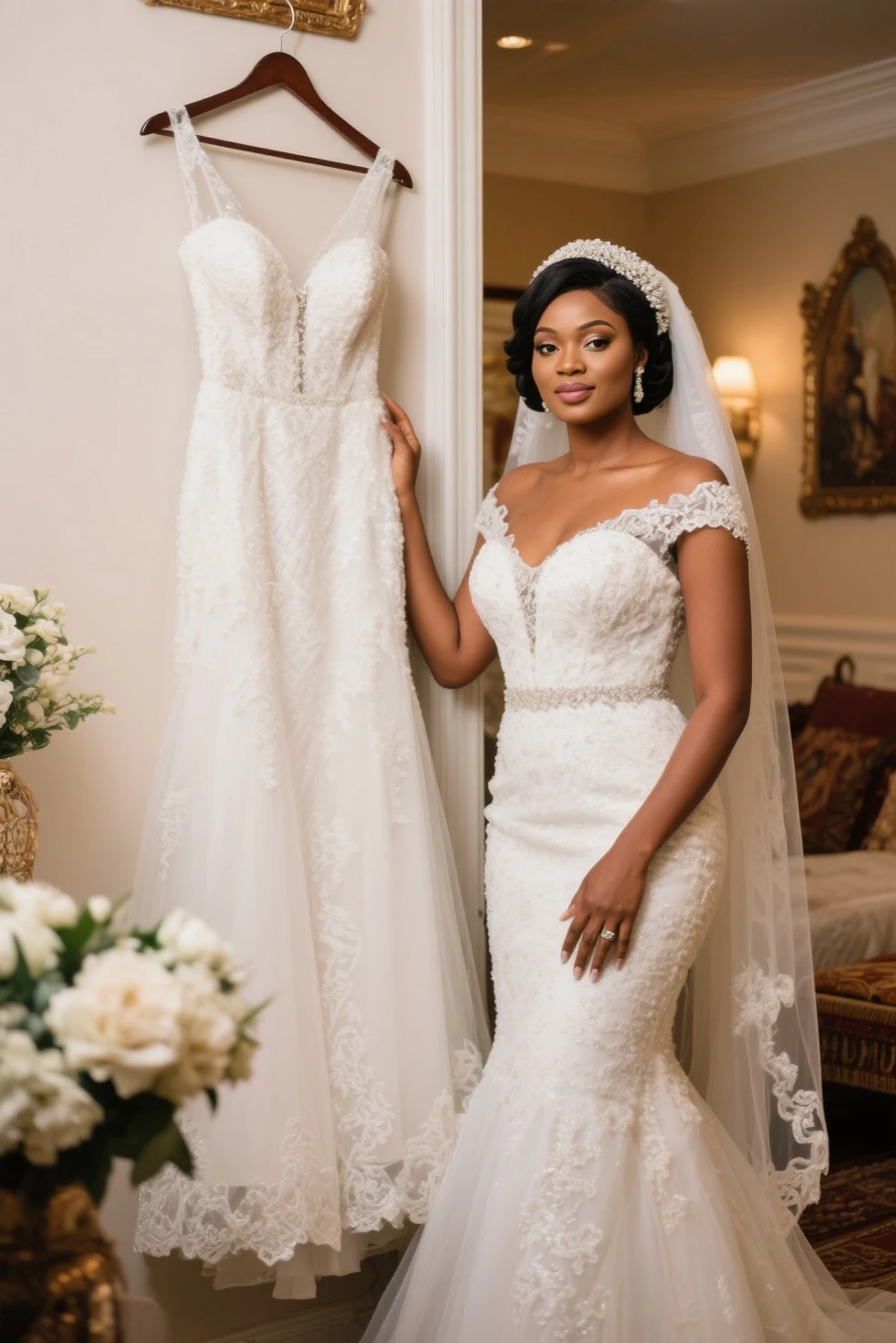 full body, full shot, in detail and in detail an extremely beautiful slender sexy bride in a cream wedding dress with intricate lace patterns and a beautiful long veil with intricate patterns stands in partial shade among the columns of a beautiful building. on the face and body, the bride holds the wedding dress with her hands, the pose is beautiful sexy C-shaped stilettos of cream color with intricate patterns, the bride's face is European, perfectly beautiful proportions are neat facial features, the eyes are bright green-blue eyelashes are long and fluffy, the bride's physique is slender and graceful, her legs are graceful and longer than the body in proportion, graceful hands in precious jewelry, on the head of the bride there is a wedding tiara with beautiful diamonds, natural detailed skin, pore skin, skin natural shine, skin color is perfect, cheeks are slightly ruddy, wavy long blond hair to the knees is beautifully flowing in detail and in detail , lighting side daylight soft, hyper detail, sharp focus, photorealism, naturalistic, Jerry Gionis style