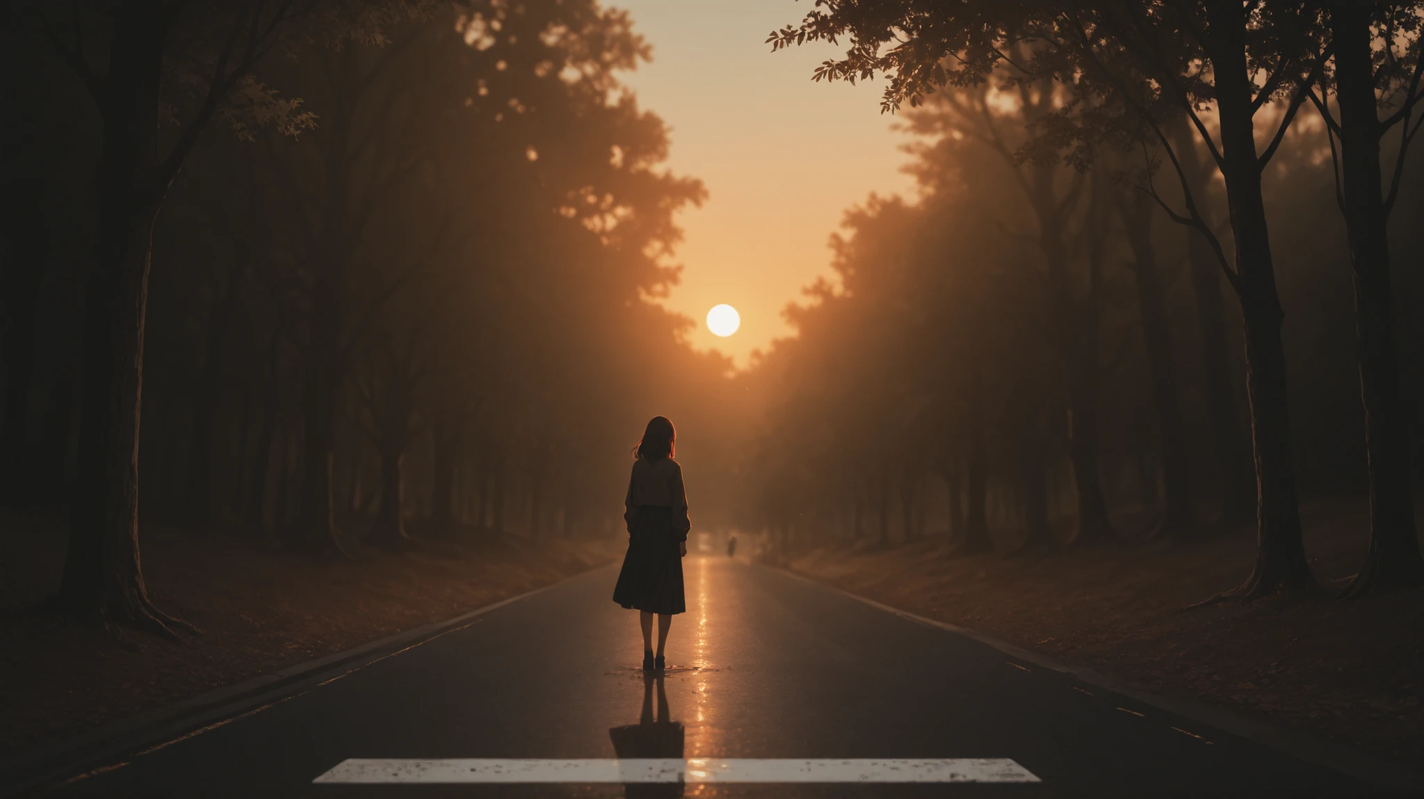 A solitary figure, possibly a young woman with long, dark hair, strolling down a quiet, tree-lined road at dusk, bathed in the soft, muted tones of the setting sun, casting long shadows that stretch across the asphalt. She walks slowly, her head bowed slightly, reflecting on memories. The road is empty, a sense of peace and quiet in the air, punctuated by the soft rustling of leaves. Capture the scene in a striking, cinematic style, with a shallow depth of field, emphasizing her isolation and contemplative mood. Use vibrant colors and dramatic lighting to create a more appealing and emotionally resonant image. The camera angle is a medium shot, with a shallow depth of field, blurring the background and drawing focus to her. The scene is a masterpiece in vibrant color palettes, with a subtle color grading process that creates a dreamy, melancholic atmosphere. The golden light from the setting sun washes over the scene, highlighting the textures of the old asphalt road and the rich green leaves of the trees.