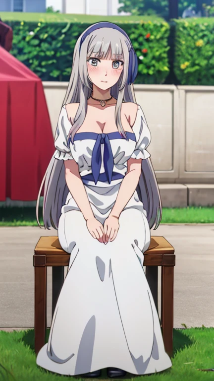 masterpiece, best quality, MyleneHFV4, 1girl, solo, dress, cleavage, jewelry, hairband, blue hairband, blush, necklace, white dress, sitting, anime coloring, outdoors, very long hair, full body,