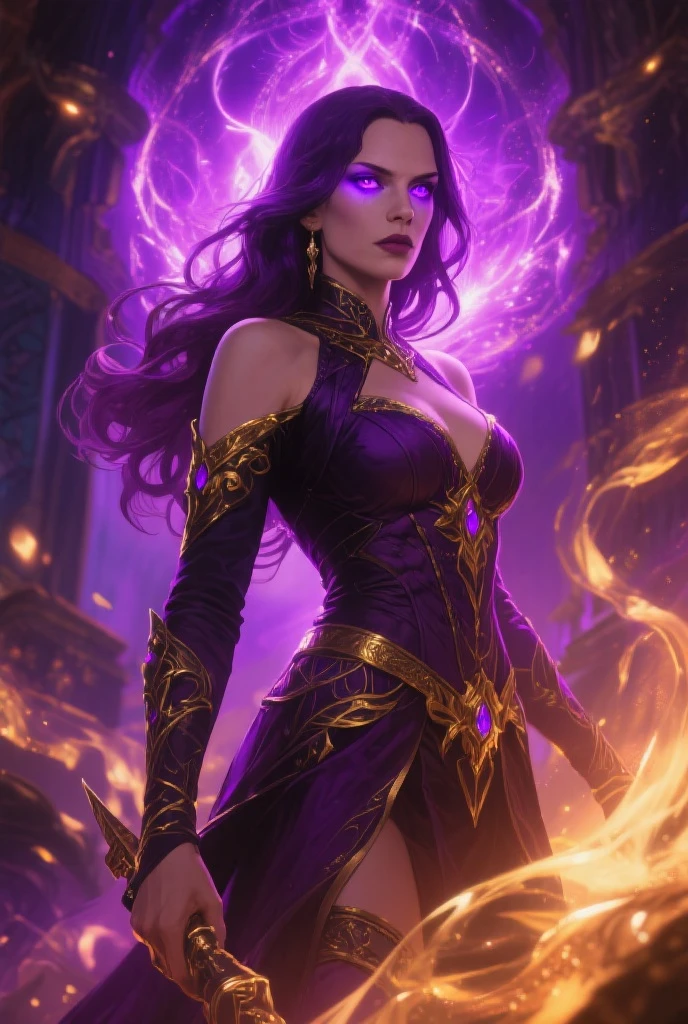 Dark Cyberpunk City、Villain Phantom、Insect humans、、Wearing a gold and white cloak、Wearing a black and purple tribal print bodysuit、28-year-old woman, Very long hair, Golden hair standing on end、,Purple face with a sense of fear、Coat of arms on the forehead、Eyes glow、masutepiece, Hyper realistic, 8K, Bokeh, Fire Luminescent, The body glows blue --auto --s2