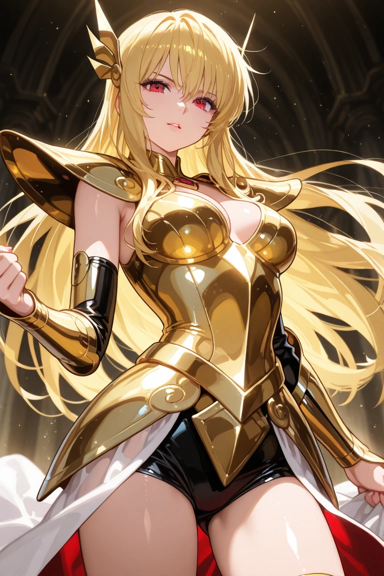 (Best Quality, hight resolution, Photorealistic: 1.37), Tall girl wearing Gemini gold cloth, Wear a black tight suit inside the fabric, Sexy figure in golden cloth, Gemini holding a gold cloth helmet in his hand, Golden armor shining with golden light, Girl's long golden hair