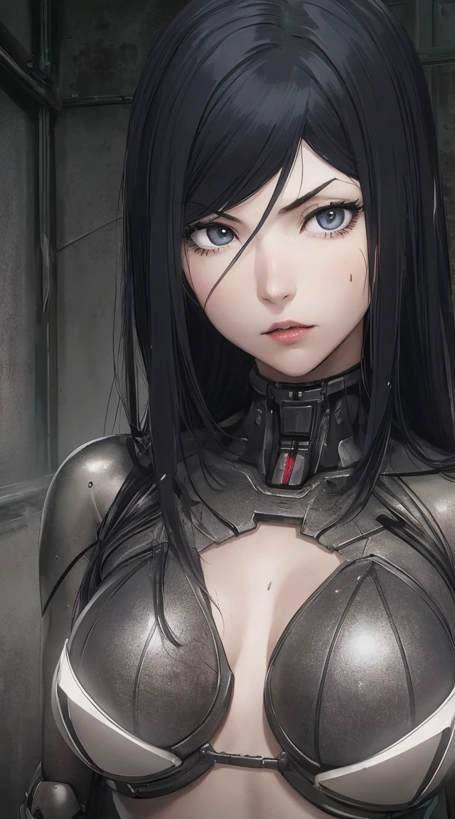 Trilla,green eyes,black hair, armor,black gloves,tight bodysuit, standing,upper body,from below, serious,cleavage,smile, facility,night,science fiction, (insanely detailed, beautiful detailed face,beautiful detailed eyes, masterpiece, best quality),