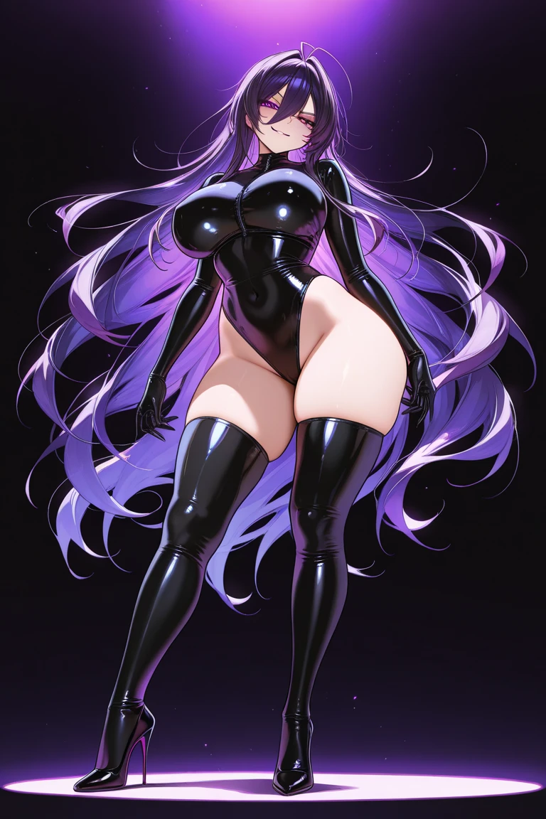 A breathtaking cat girl with stunning red hair cascading down her back, flowing gracefully over her curvaceous form. Her piercing green eyes seem to gaze directly into the viewer's soul, demanding attention. She is dressed in a form-fitting midnight black latex catsuit that hugs her curves and emphasizes her hourglass figure. The suit stretches tautly over her ample chest, accentuating her perky breasts, while the latex hugs her toned waist and accentuates her round hips. Her long, sleek legs are encased in tight-fitting latex pants that hug her thighs and accentuate her shapely calves. Her feline features are further enhanced by the addition of cat ears atop her head and a tail gracefully swaying behind her. Her painted, red, pointed nails extend elegantly from delicate hands and feet, accentuating her feline grace. The image is set against a simple, black background, allowing the focus to remain squarely on the alluring cat girl and her captivating appearance.