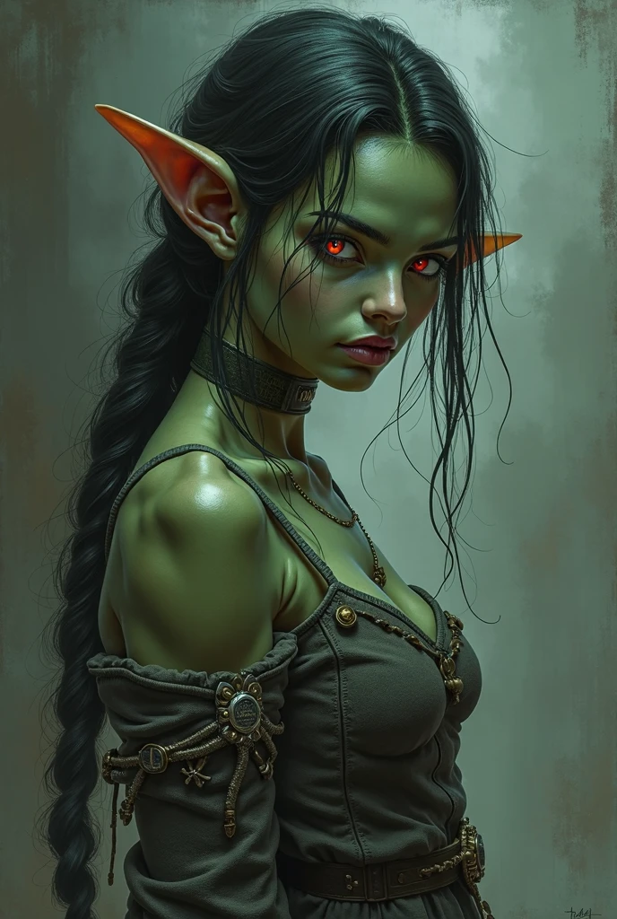 one githyanki girl, githyanki, (green skin, pointy ears, long ears:1.5), solo, (slender body:1.2), (muscular, upper body, bust:1.2), black eyes, black hair, (transparent dress, revealing outfit, tiny breasts, small breasts, male chest, cleavage, exposed body:1.5), bare shoulders, (belts, shoulder-belts:1.3), masterpiece, highly detailed, look at viewer, shiny blured orange background, gradient sprayed background, front view, gradient red purple background, blured background, glowing edges of image