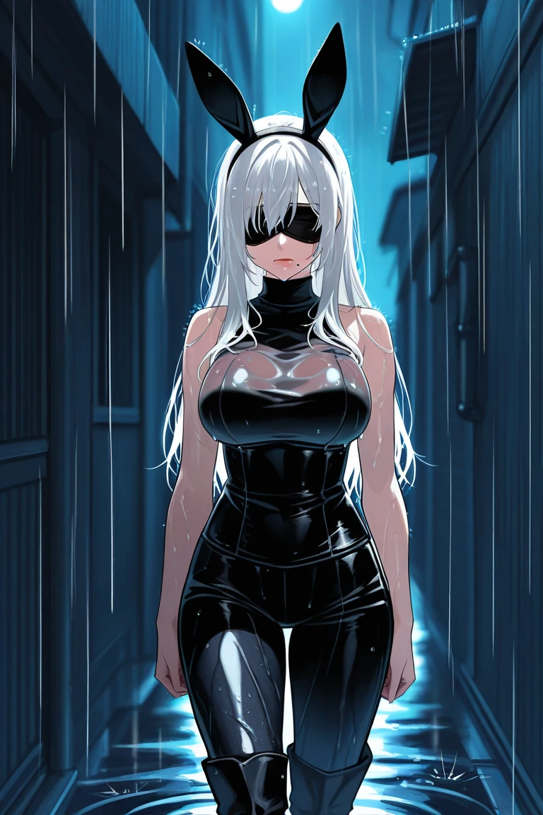 ((masterpiece, best quality, extremely detailed CG, unity 8k wallpaper,anatomically correct,ultra resolution)),Award-winning photography,(best illumination,Very Delicate and Beautiful),(one girl,solo,young girl:1.5),(Vampire:1.45),silver hair,(twintails:1.2),glowing red eyes,(pale skin:1.45),(extremely beautiful and detailed face:1.2), (extremely beautiful and detailed eyes:1.2),perfect hands,delicate legs,((bat hair ornament)),(graceful,fashion),pointy ears,((full body catsuit with zipper:1.4,black high heels,black leather gloves)),looking at viewer,hand to own mouth,head tilt,morbid smile,dark persona,evil,(cute:1.5),((night, dark atmosphere, dark theme, darkness:1.5)),dramatic shadows,(dimly lit:1.5),blood on face,blood on floor, blood on walls,(blood mist,blood splash:1.4),depth of field,(Bustling city:1.2,in the rain:1.3),cloudy sky,raining,skyline,(perfect human body structure with maximum precision)